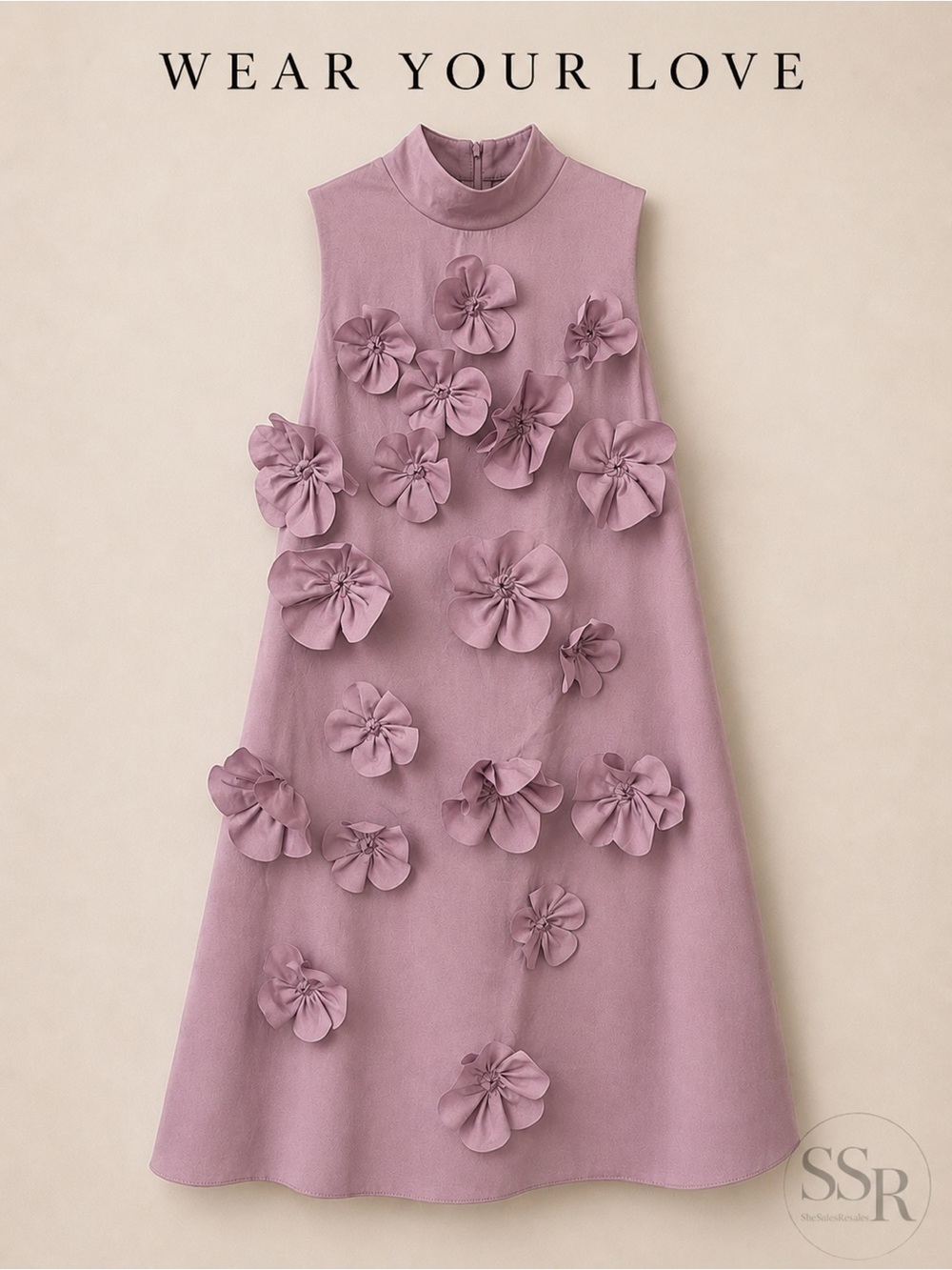 Unbranded 3D Floral Appliqué A-Line Dress Blush Pink Mock Neck Sleeveless